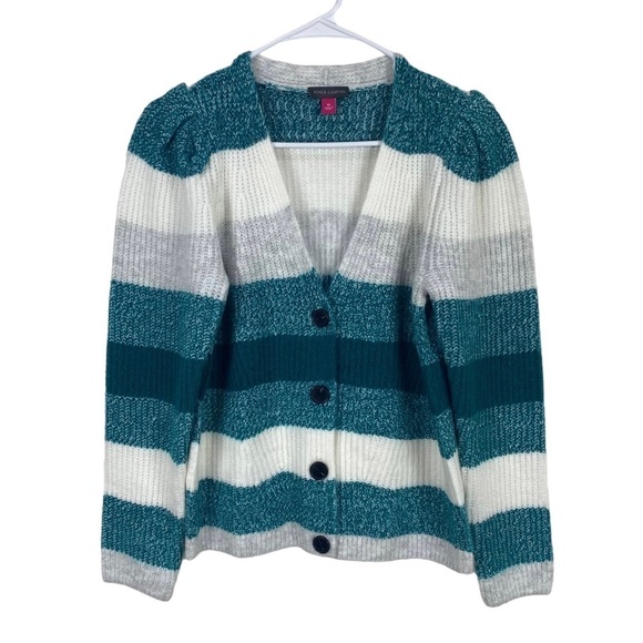 Vince Camuto Cardigan Button Sweater Size XS Teal Blue Green Knit Striped Soft - Picture 1 of 8
